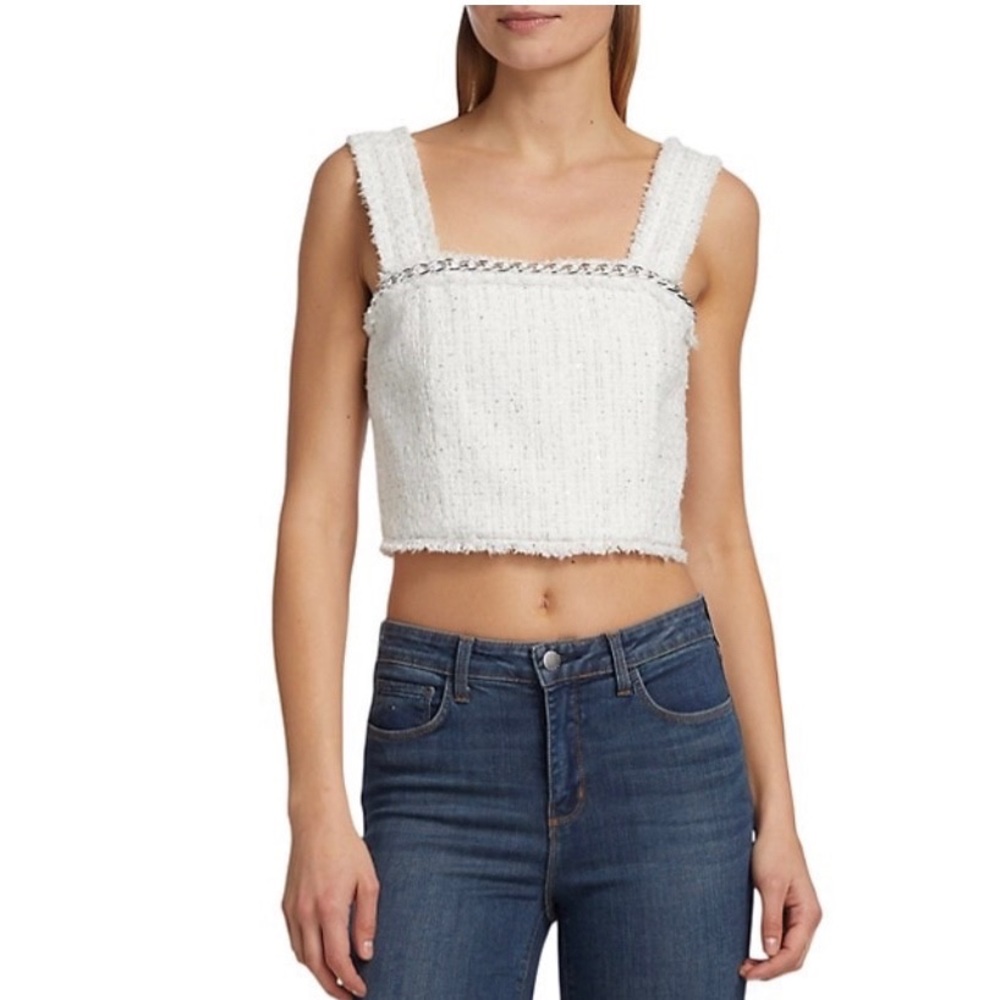 Alice + Olivia "Coralie" Chain Trimmed Frayed Tweed Crop Top 🌈BNWT🌈 - Picture 3 of 10